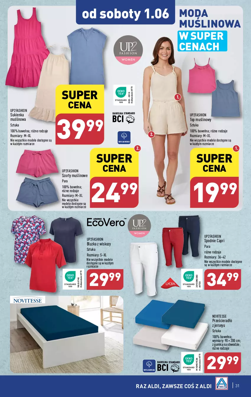 Gazetka promocyjna Aldi - Pełna oferta - ważna 27.05 do 01.06.2024 - strona 31 - produkty: Fa, Moda, Prześcieradło, Spodnie, Sukienka, Szorty, Top, Wełna