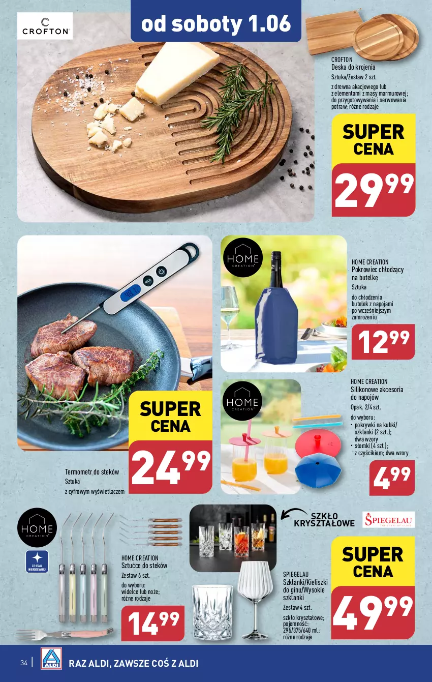 Gazetka promocyjna Aldi - Pełna oferta - ważna 27.05 do 01.06.2024 - strona 34 - produkty: Deska do krojenia, Gin, Lanki, Noż, Pokrowiec, Ser, Sok, Stek, Termometr