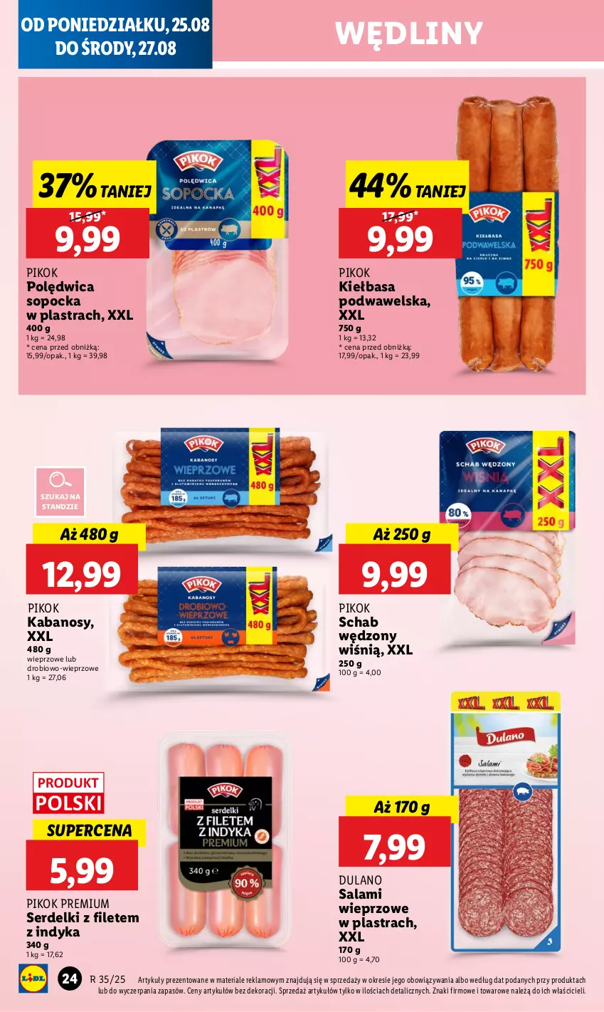 Gazetka promocyjna Lidl - GAZETKA - ważna 25.08 do 27.08.2025 - strona 28 - produkty: Dulano, Kabanos, Kiełbasa, Kiełbasa podwawelska, PIKOK, Polędwica, Salami, Ser, Serdelki, Wawel