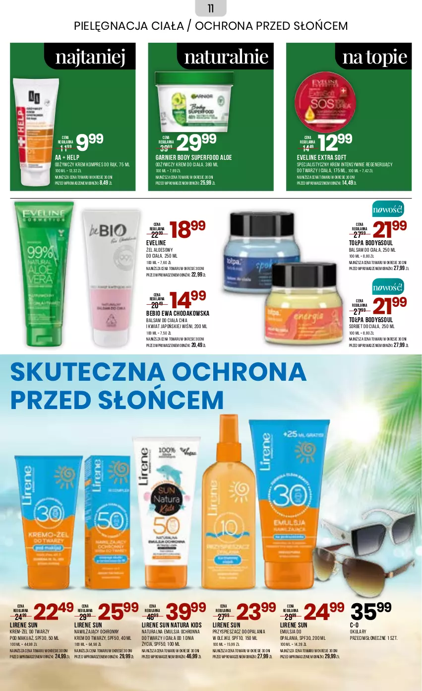 Gazetka promocyjna Drogerie Natura - Gazetka Drogerie Natura - ważna 01.05 do 15.05.2023 - strona 11 - produkty: Balsam do ciała, Body, Chia, Emulsja, Eveline, Garnier, Krem do ciała, Krem do twarzy, Lirene, Makijaż, Ochronny krem, Olej, Tołpa, Top