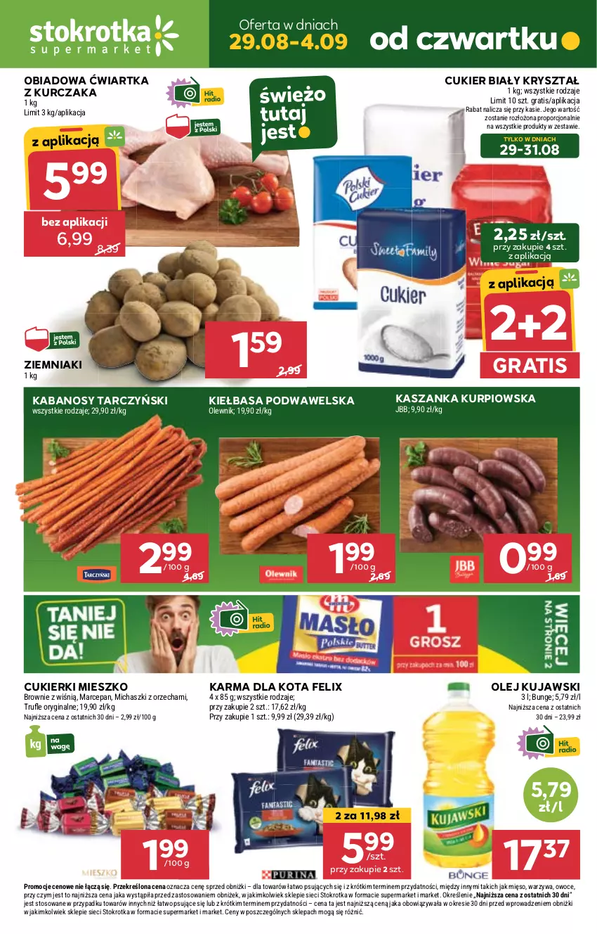 Gazetka promocyjna Stokrotka - Supermarket - ważna 29.08 do 04.09.2024 - strona 1 - produkty: Cukier, Cukierki, Felix, Gin, Gra, Kabanos, Kasza, Kaszanka, Kiełbasa, Kiełbasa podwawelska, Kujawski, Kurczak, Olej, Olewnik, Owoce, Por, Tarczyński, Warzywa, Wawel, Ziemniaki