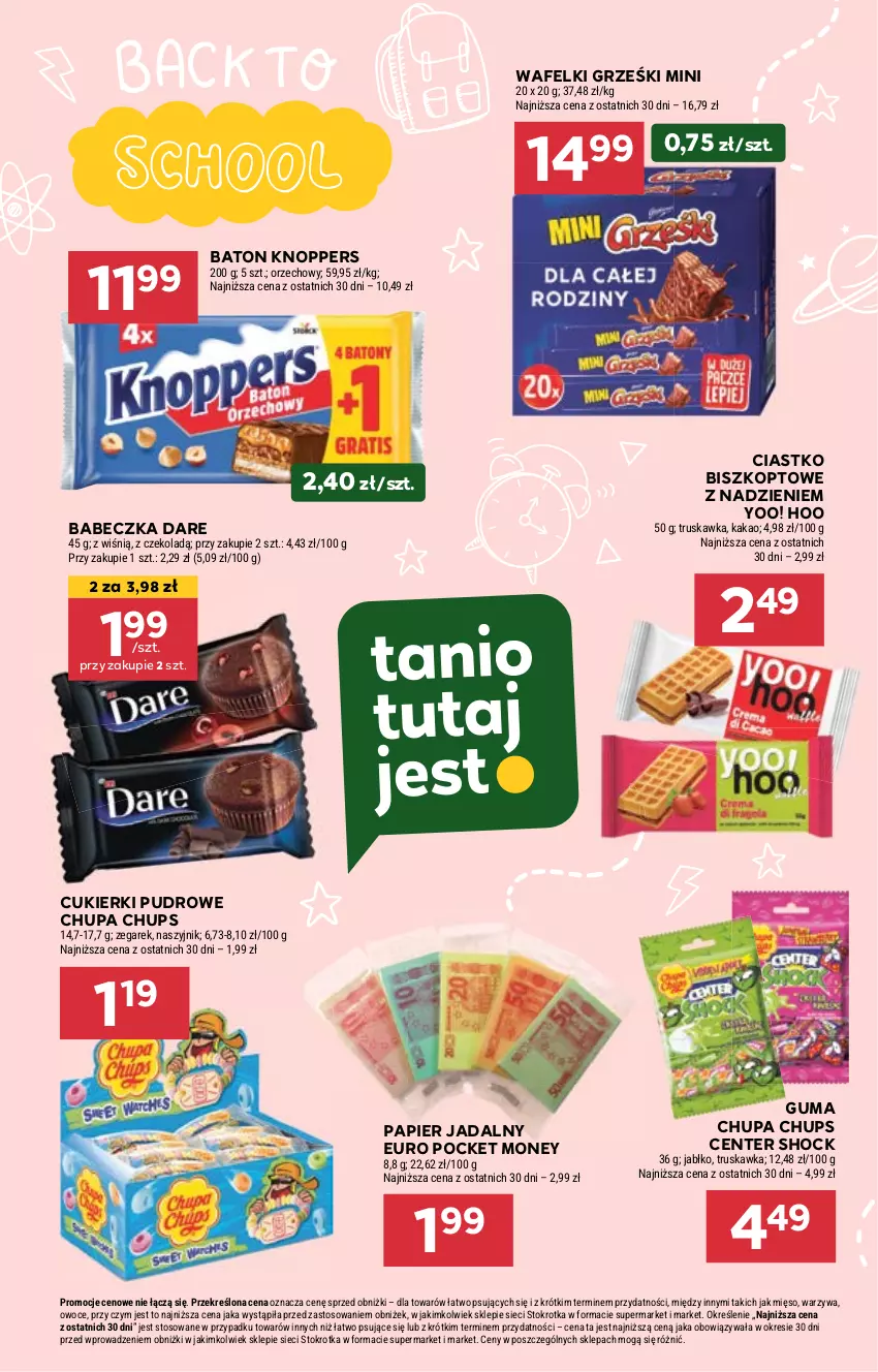 Gazetka promocyjna Stokrotka - Supermarket - ważna 29.08 do 04.09.2024 - strona 18 - produkty: Baton, Chupa Chups, Cukier, Cukierki, Grześki, Kakao, Knoppers, Mięso, Naszyjnik, Owoce, Papier, Warzywa, Zegar, Zegarek