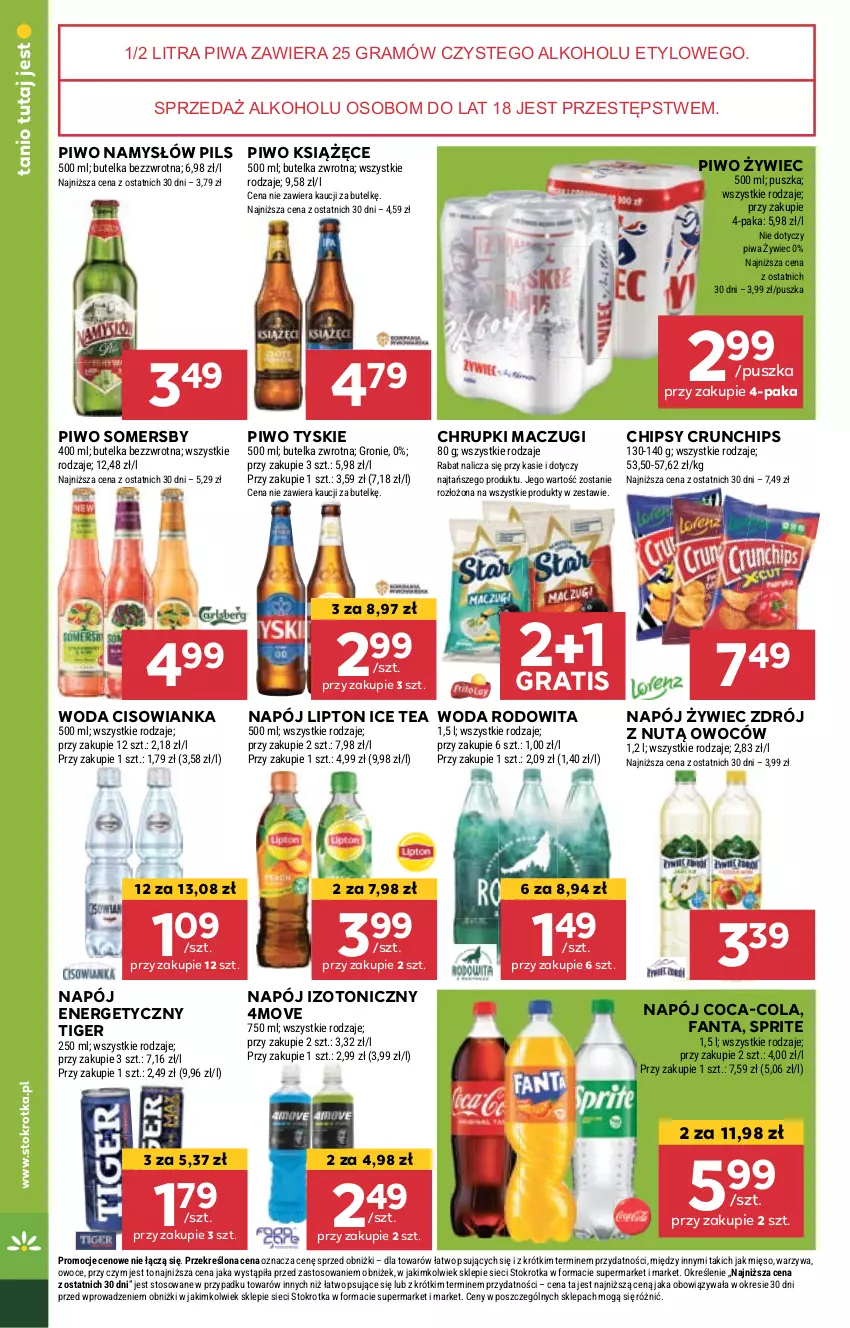 Gazetka promocyjna Stokrotka - Supermarket - ważna 29.08 do 04.09.2024 - strona 26 - produkty: Chipsy, Chrupki, Cisowianka, Coca-Cola, Crunchips, Fa, Fanta, Gra, Ice tea, Książęce, Lipton, Namysłów, Napój, Napój energetyczny, Napój izotoniczny, Owoce, Piwa, Piwo, Somersby, Sprite, Tiger, Tyskie, Warzywa, Woda