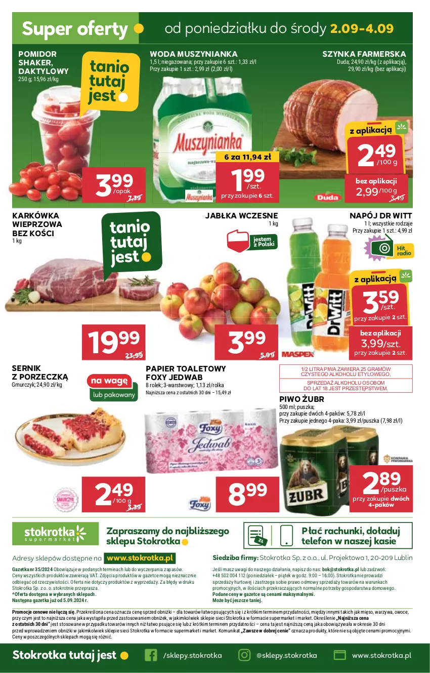 Gazetka promocyjna Stokrotka - Supermarket - ważna 29.08 do 04.09.2024 - strona 32 - produkty: Dres, Fa, Foxy, Gra, Jabłka, JBL, Karkówka wieprzowa, Mus, Muszynianka, Napój, O nas, Owoce, Papier, Papier toaletowy, Piwa, Piwo, Por, Ser, Szynka, Szynka farmerska, Telefon, Wagi, Warzywa, Woda