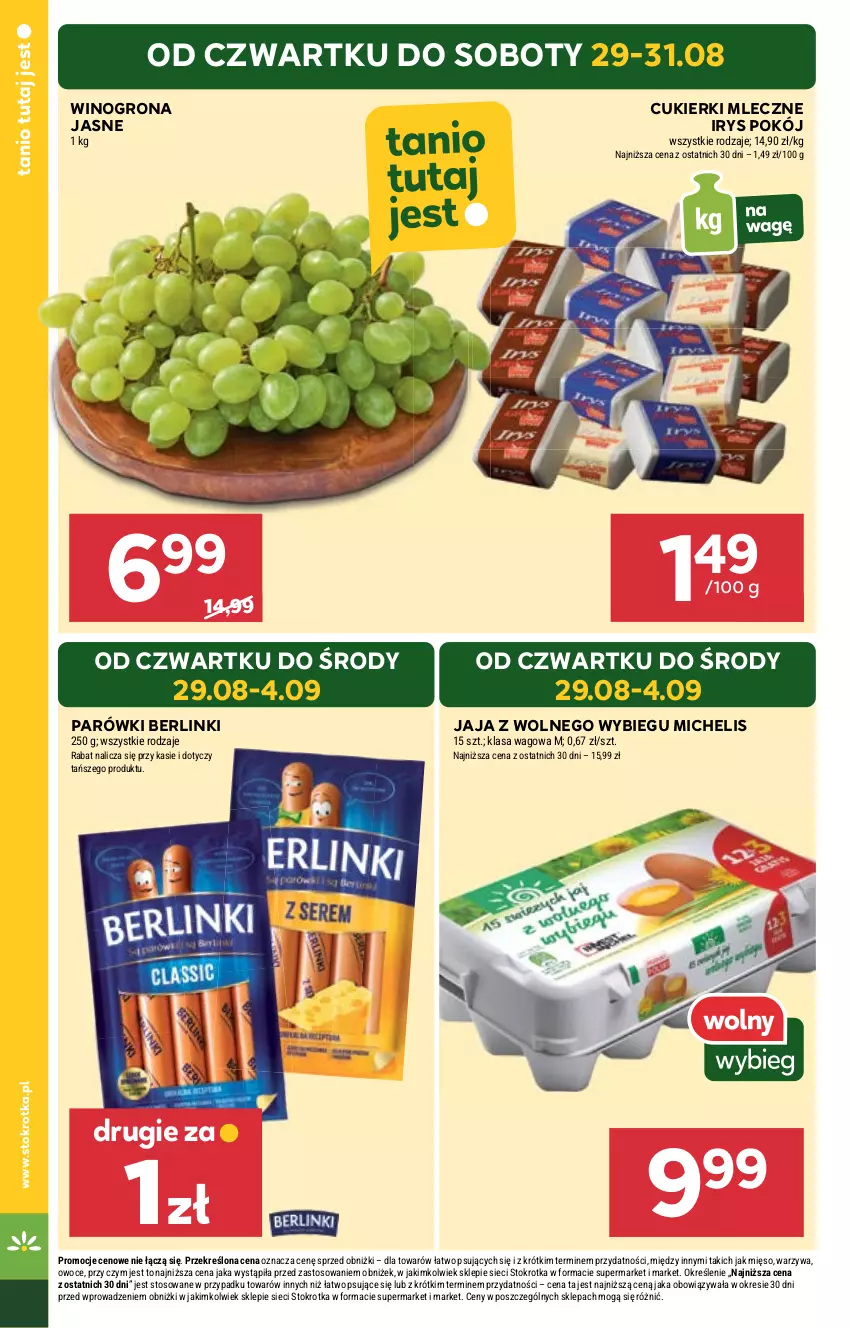 Gazetka promocyjna Stokrotka - Supermarket - ważna 29.08 do 04.09.2024 - strona 4 - produkty: Berlinki, Cukier, Cukierki, Jaja, Jaja z wolnego wybiegu, Owoce, Parówki, Warzywa, Wino, Winogrona