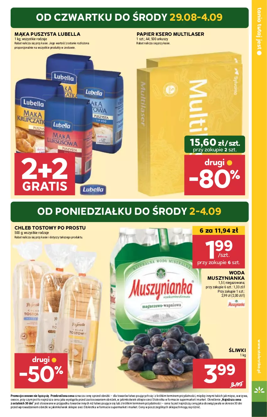 Gazetka promocyjna Stokrotka - Supermarket - ważna 29.08 do 04.09.2024 - strona 5 - produkty: Bell, Bella, Chleb, Chleb tostowy, Gra, Lubella, Mąka, Mus, Muszynianka, Owoce, Papier, Por, Ser, Warzywa, Woda