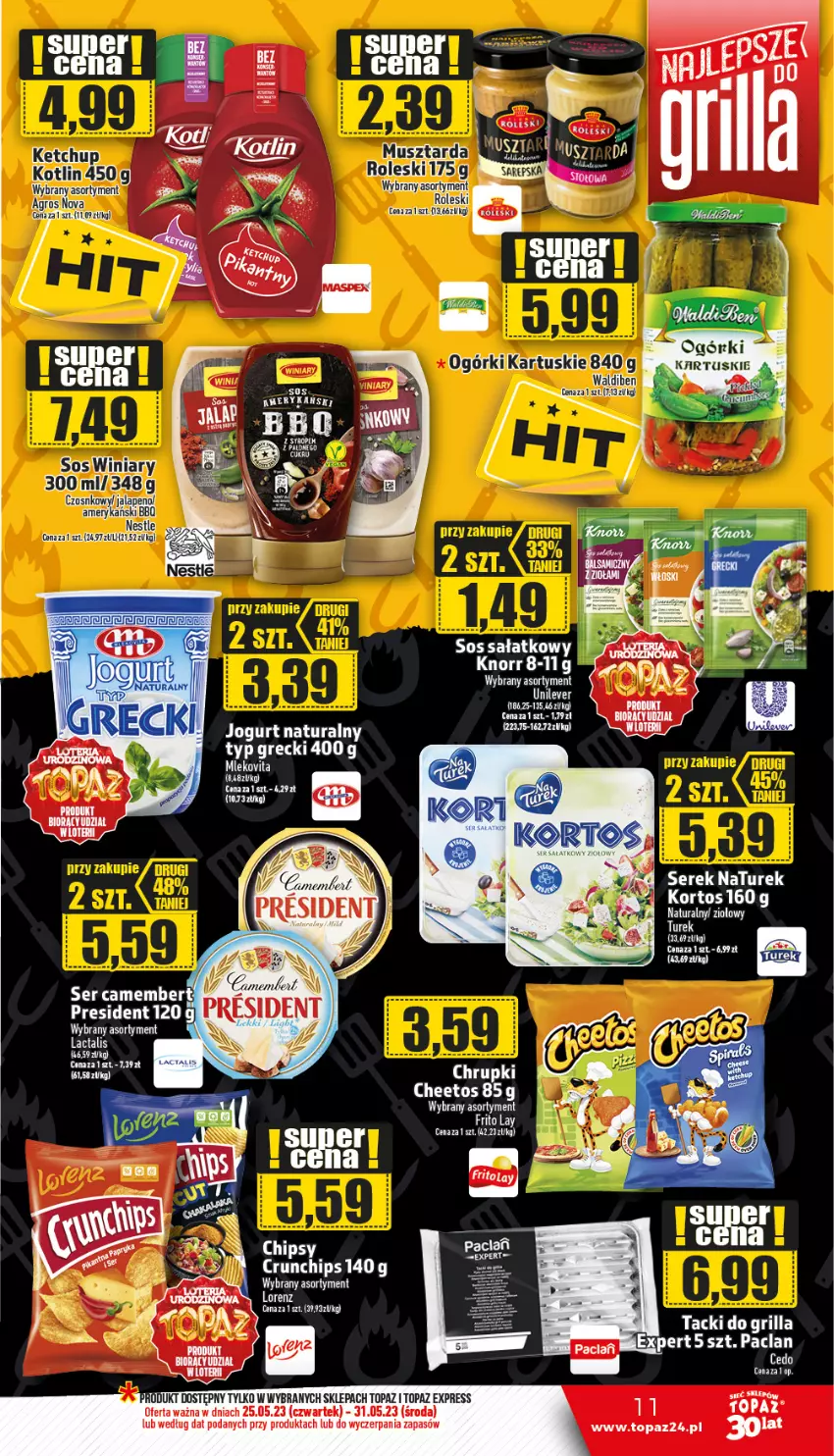 Gazetka promocyjna Topaz - Gazetka - ważna 25.05 do 31.05.2023 - strona 11 - produkty: Camembert, Cheetos, Chrupki, Crunchips, Fa, Jogurt, Jogurt naturalny, Knorr, NaTurek, Sałat, Ser, Serek, Sos, Top