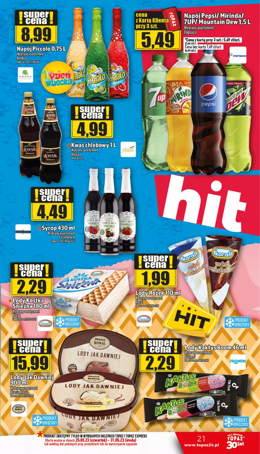 Gazetka promocyjna Topaz - Gazetka - ważna 25.05 do 31.05.2023 - strona 21 - produkty: 7up, Gin, LG, Mirinda, Napój, Pepsi, Top