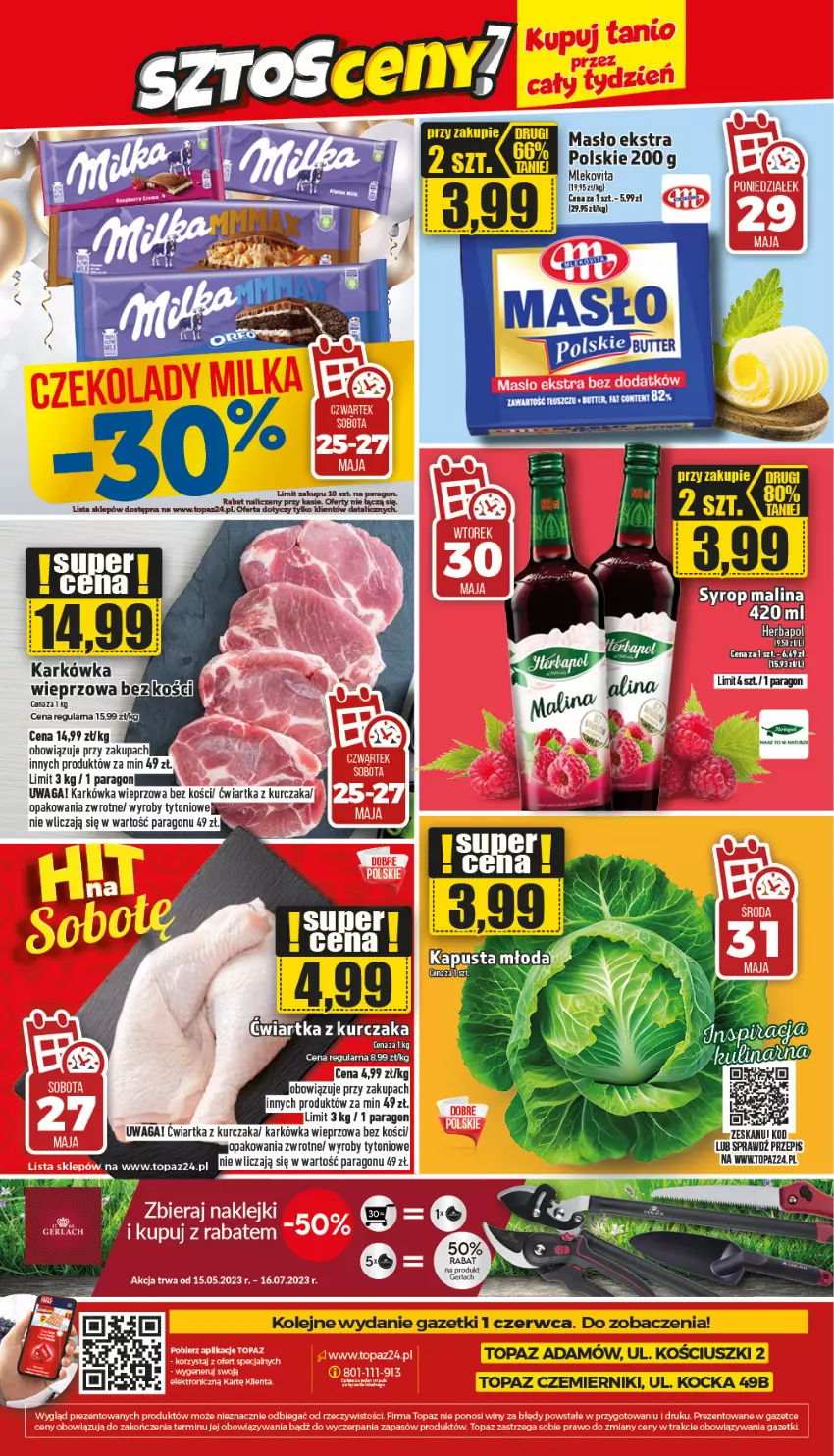 Gazetka promocyjna Topaz - Gazetka - ważna 25.05 do 31.05.2023 - strona 24 - produkty: Herbapol, Karkówka wieprzowa, Koc, Kurczak, Masło, Mleko, Mlekovita, Olej, Top, Waga