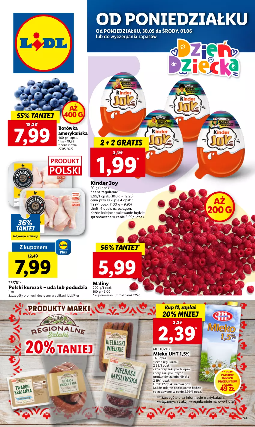 Gazetka promocyjna Lidl - GAZETKA - ważna 30.05 do 01.06.2022 - strona 1 - produkty: Borówka, Borówka amerykańska, Gra, Kinder, Kurczak, Maliny, Mleko, Mlekovita, Olej, Por