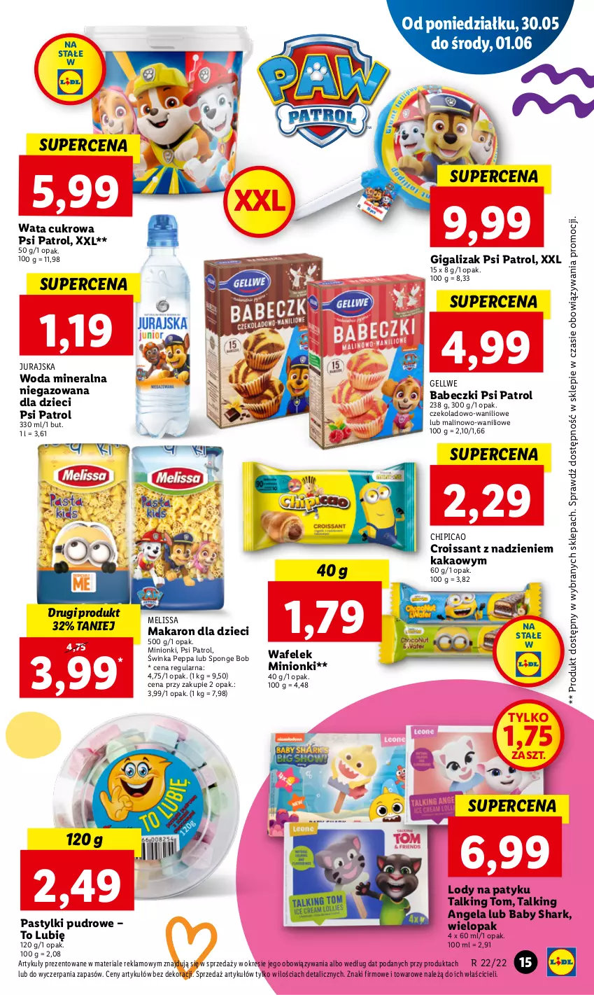 Gazetka promocyjna Lidl - GAZETKA - ważna 30.05 do 01.06.2022 - strona 15 - produkty: Babeczki, Chipicao, Croissant, Dzieci, Inka, Kakao, Lody, Makaron, Pastylki, Psi Patrol, Wafelek, Wata cukrowa, Woda, Woda mineralna