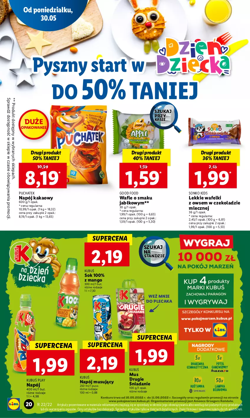 Gazetka promocyjna Lidl - GAZETKA - ważna 30.05 do 01.06.2022 - strona 20 - produkty: Kakao, Kubuś, Mango, Mus, Napój, Napój musujący, Plecak, Sok, Sonko