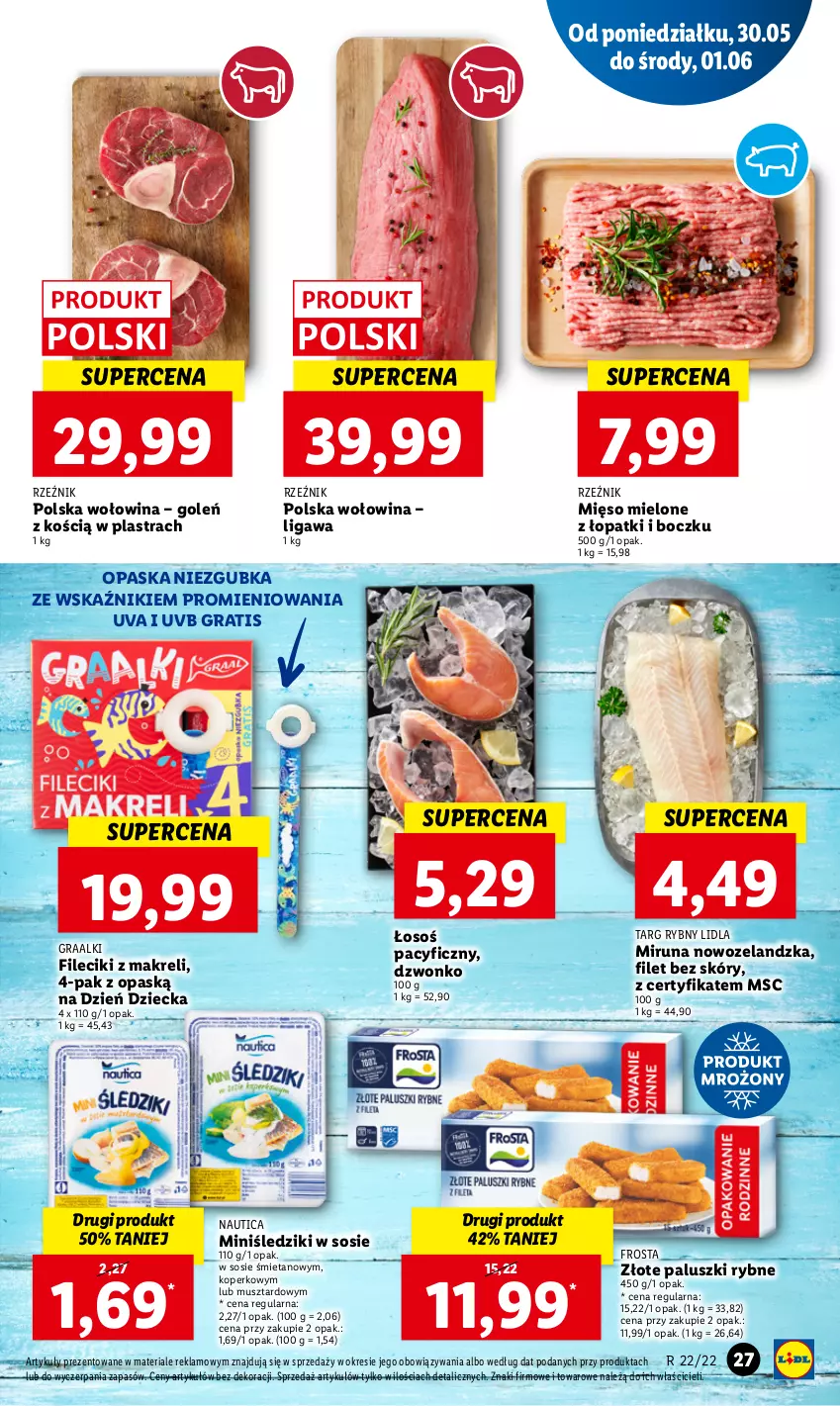 Gazetka promocyjna Lidl - GAZETKA - ważna 30.05 do 01.06.2022 - strona 27 - produkty: Frosta, Gra, Graal, Mięso, Mięso mielone, Miruna, Mus, Opaska, Paluszki rybne, Sos, Wołowina