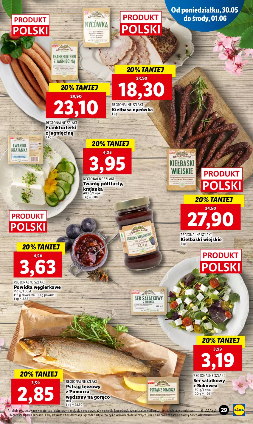 Gazetka promocyjna Lidl - GAZETKA - ważna 30.05 do 01.06.2022 - strona 29 - produkty: Frankfurterki, Kiełbasa, Pstrąg, Pstrąg tęczowy, Sałat, Ser, Twaróg, Twaróg półtłusty