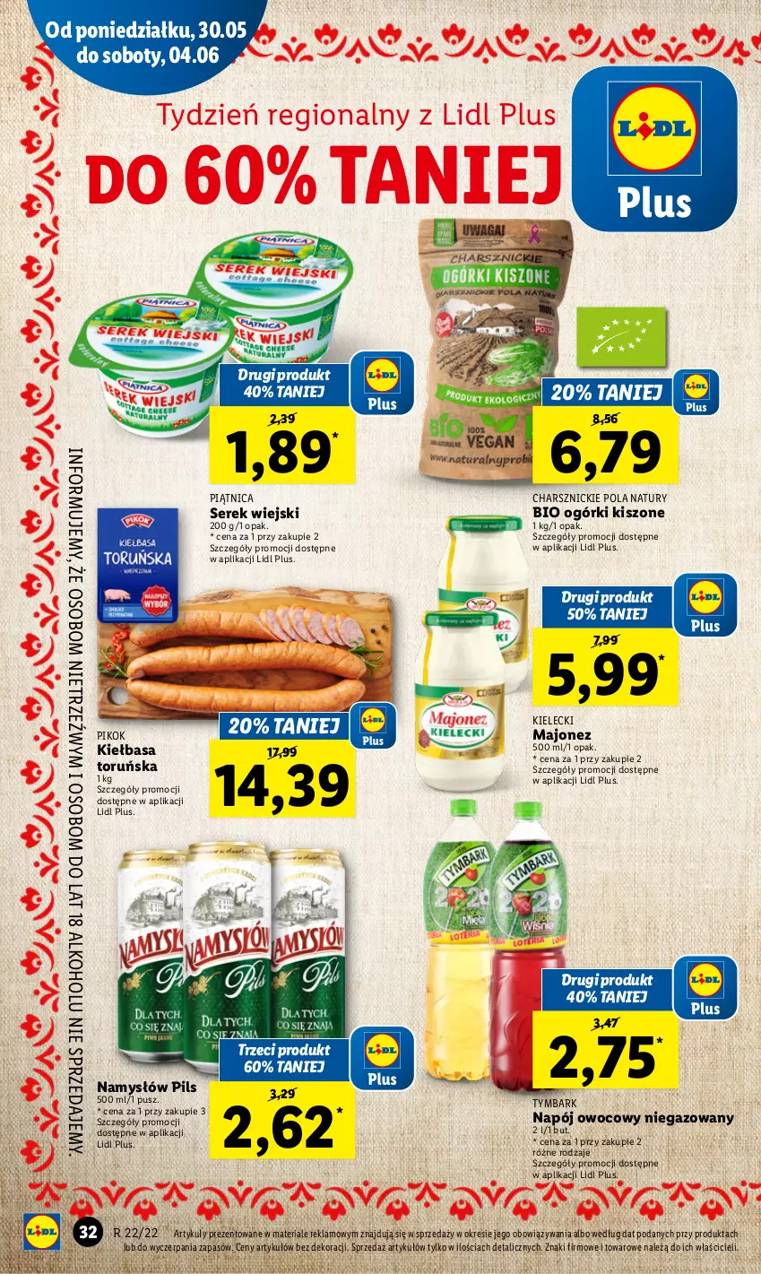 Gazetka promocyjna Lidl - GAZETKA - ważna 30.05 do 01.06.2022 - strona 32 - produkty: Kiełbasa, Majonez, Namysłów, Napój, Piątnica, PIKOK, Ser, Serek, Serek wiejski, Tymbark