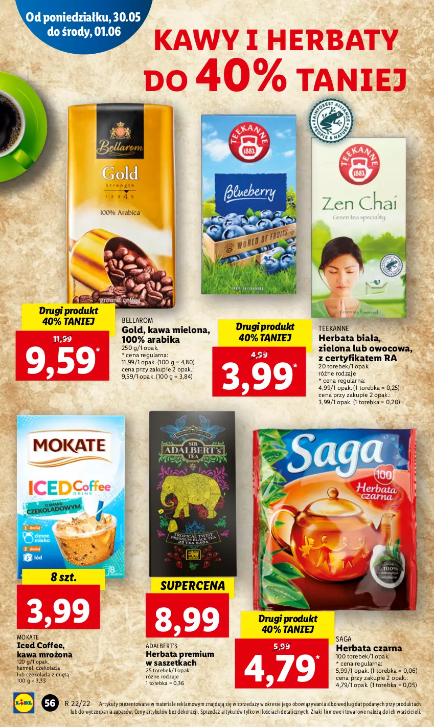 Gazetka promocyjna Lidl - GAZETKA - ważna 30.05 do 01.06.2022 - strona 56 - produkty: Bell, Bella, Czekolada, Herbata, Herbata czarna, Kawa, Kawa mielona, Saga, Teekanne, Torebka