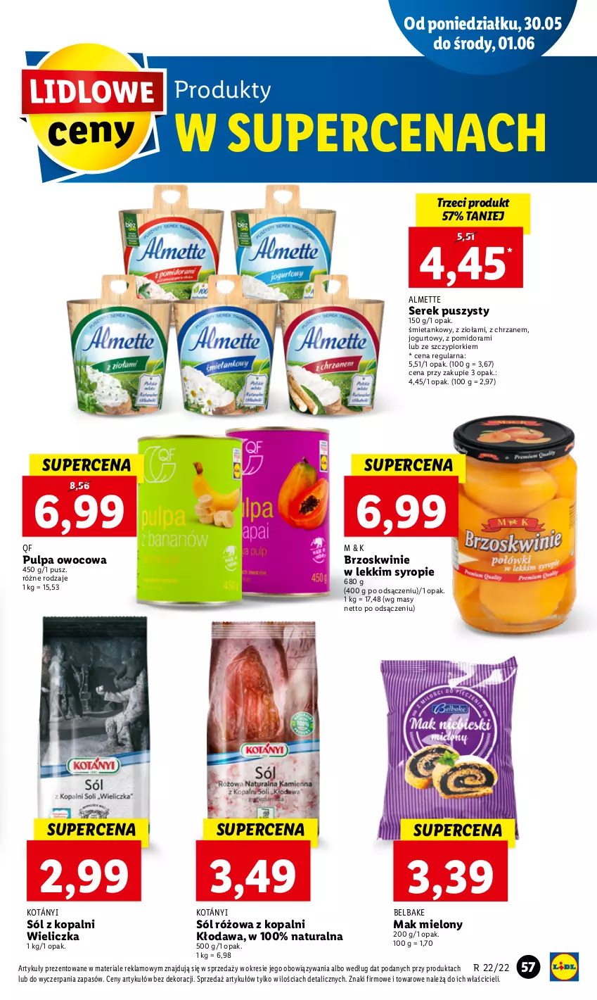 Gazetka promocyjna Lidl - GAZETKA - ważna 30.05 do 01.06.2022 - strona 57 - produkty: Almette, Brzoskwinie, Chrzan, Jogurt, Kotányi, Mak mielony, Ser, Serek, Serek puszysty, Sól, Syrop