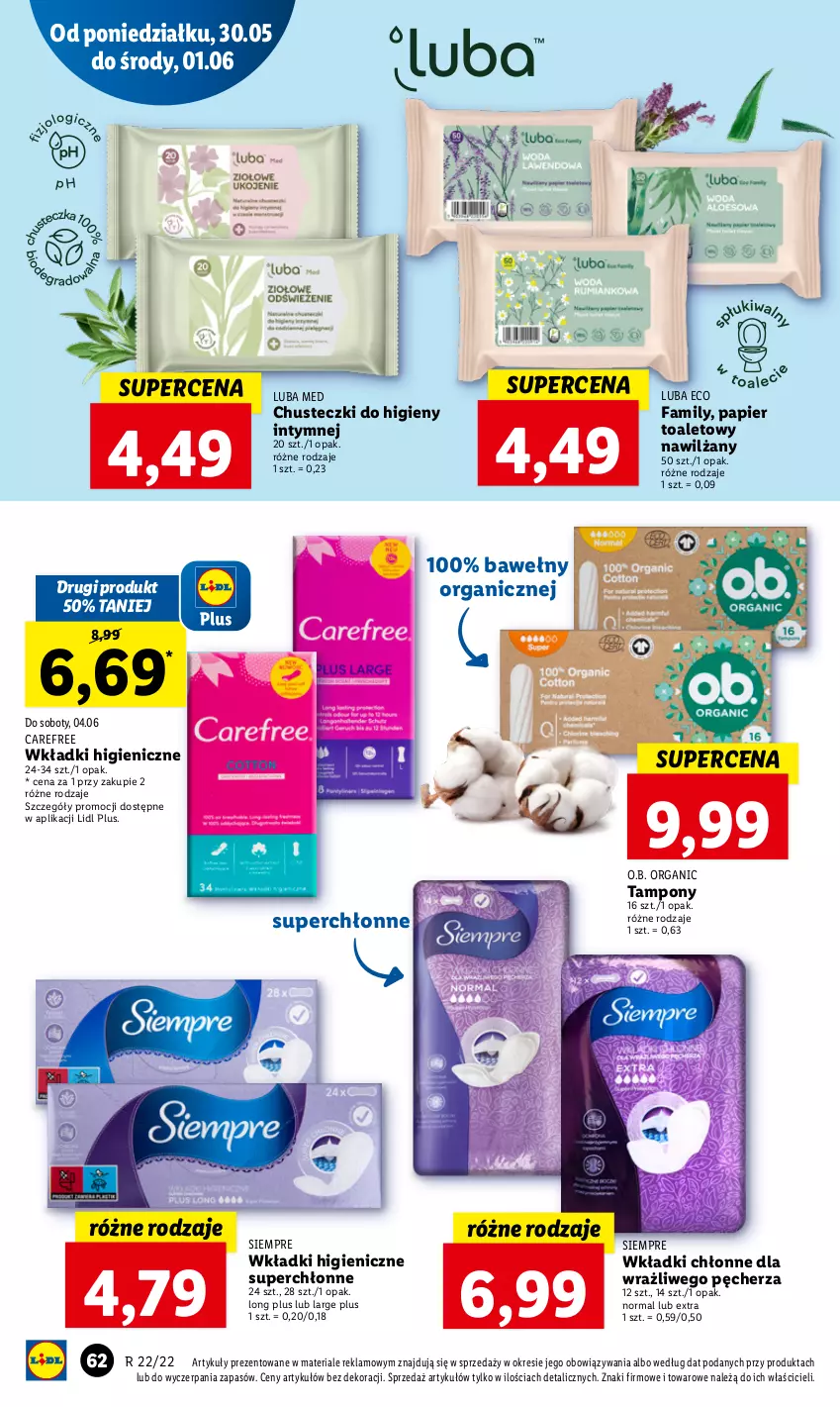 Gazetka promocyjna Lidl - GAZETKA - ważna 30.05 do 01.06.2022 - strona 62 - produkty: Carefree, Chusteczki, Chusteczki do higieny, Fa, O.B., Papier, Papier toaletowy, Tampony, Wkładki