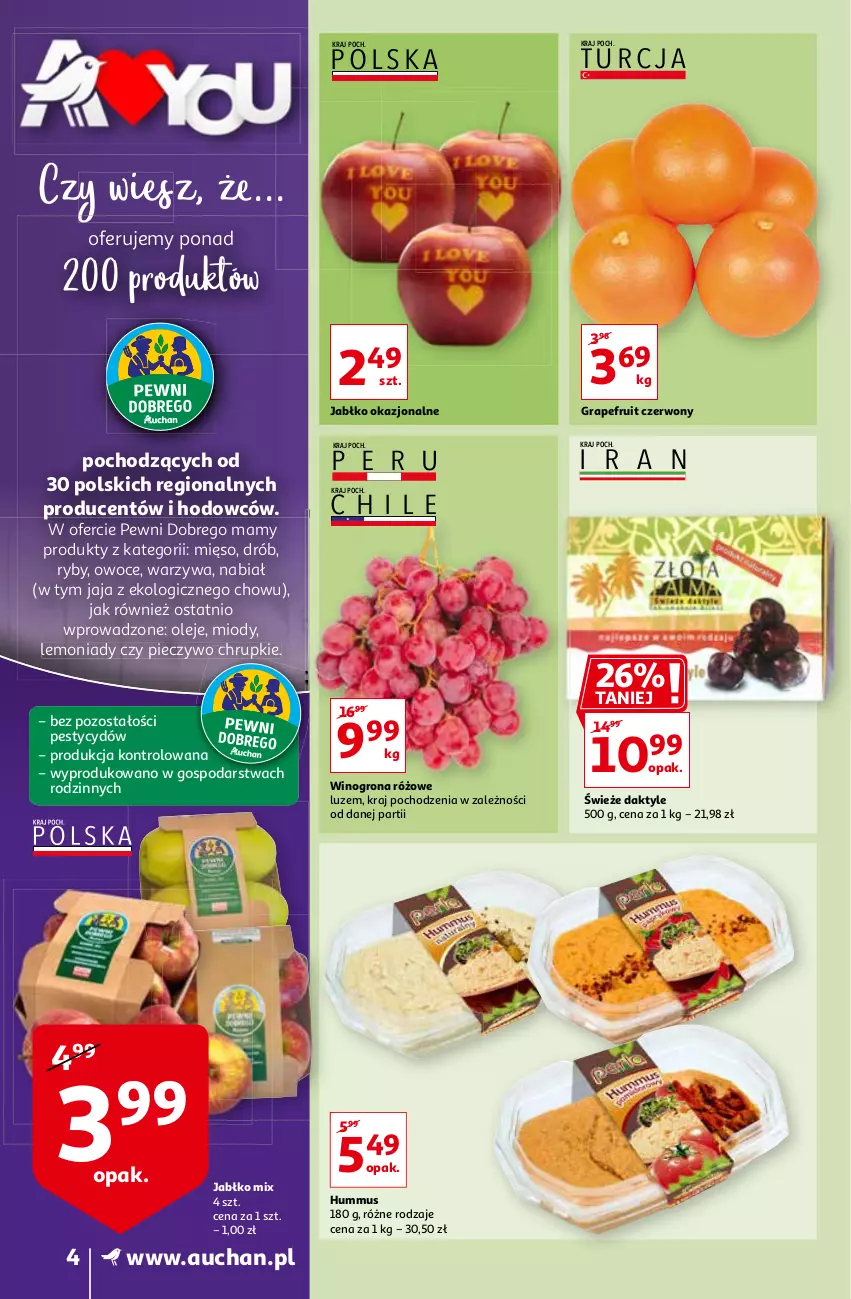 Gazetka promocyjna Auchan - A Love You Supermarkety - ważna 04.02 do 10.02.2021 - strona 4 - produkty: Chrupki, Daktyle, Drób, Gra, Hummus, Jaja, Mięso, Mus, Olej, Owoce, Piec, Pieczywo, Pieczywo chrupkie, Warzywa, Wino, Winogrona