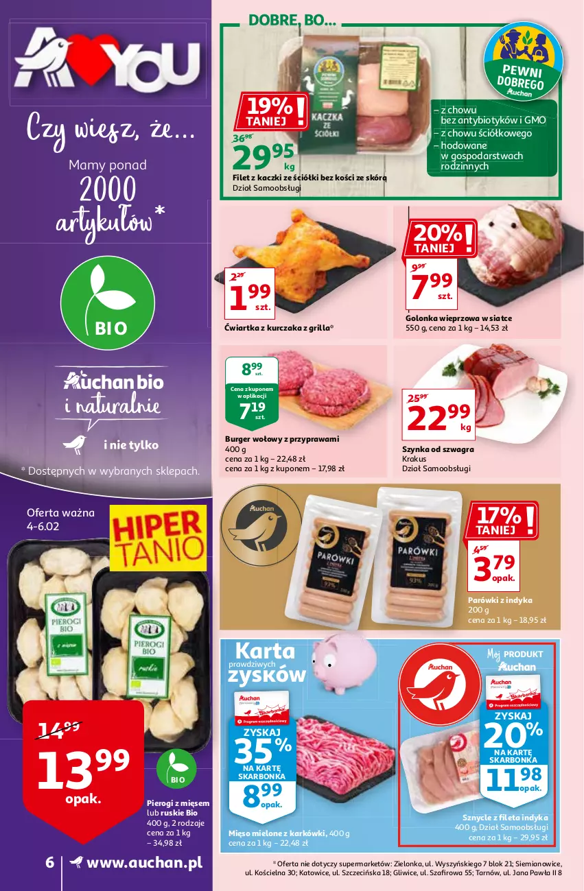 Gazetka promocyjna Auchan - A Love You Supermarkety - ważna 04.02 do 10.02.2021 - strona 6 - produkty: Burger, Golonka wieprzowa, Gra, Grill, Krakus, Kurczak, Mięso, Mięso mielone, Parówki, Parówki z indyka, Pierogi, Szynka