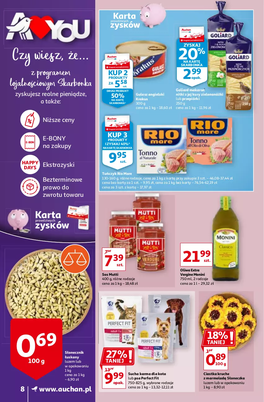 Gazetka promocyjna Auchan - A Love You Supermarkety - ważna 04.02 do 10.02.2021 - strona 8 - produkty: Ciastka, Gin, Goliard, Gra, Krakus, Makaron, Mola, Monini, Rio Mare, Sos, Sucha karma, Tuńczyk