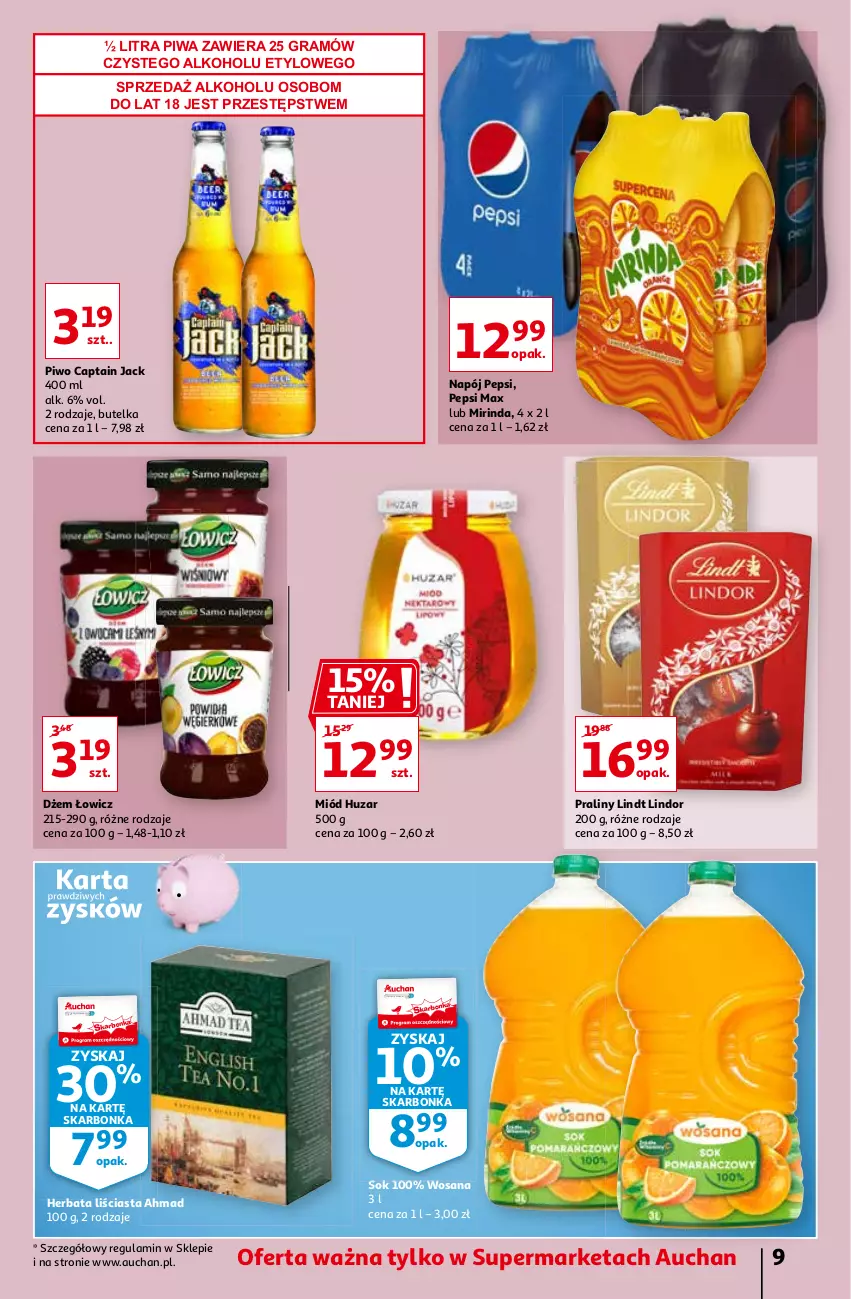 Gazetka promocyjna Auchan - A Love You Supermarkety - ważna 04.02 do 10.02.2021 - strona 9 - produkty: Captain Jack, Dżem, Gra, Herbata, Lindor, Lindt, Miód, Mirinda, Napój, Pepsi, Pepsi max, Piwa, Piwo, Praliny, Sok, Wosana