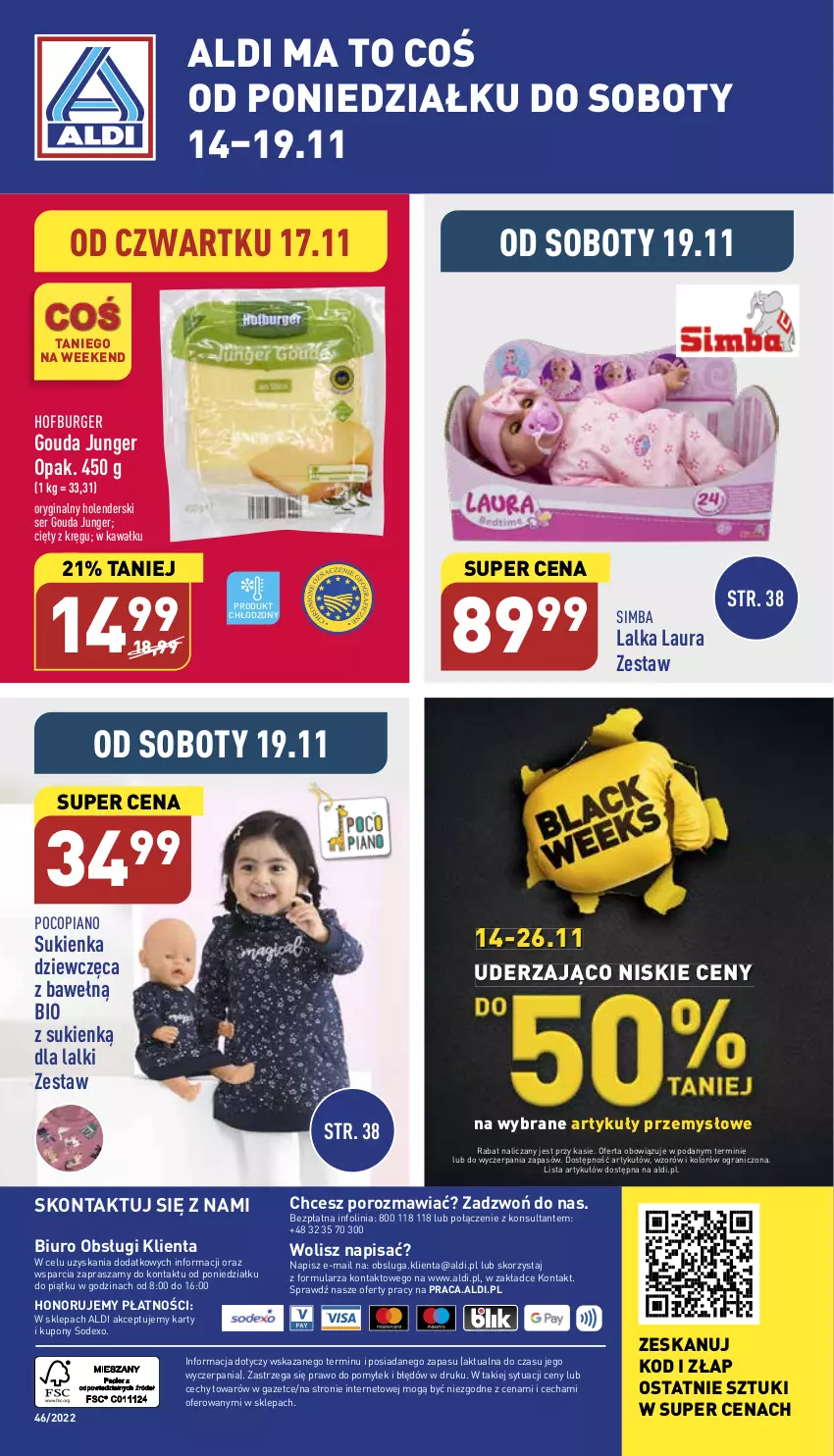 Gazetka promocyjna Aldi - Zaplanuj zakupy wcześniej - ważna 16.11 do 19.11.2022 - strona 17 - produkty: Biuro, Burger, Gin, Gouda, Gra, Hofburger, Kawa, Lalka, Laur, O nas, Pocopiano, Por, Ser, Sukienka