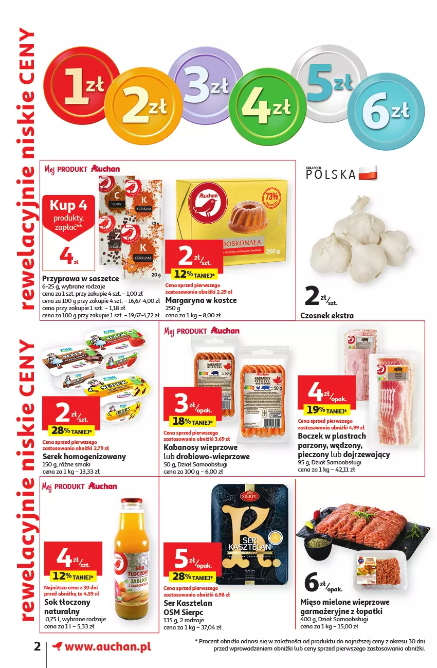 Gazetka promocyjna Auchan - Gazetka Oferta tygodnia Supermarket Auchan - ważna 07.09 do 13.09.2023 - strona 2 - produkty: Boczek, Czosnek, Kabanos, Kasztelan, Margaryna, Mięso, Mięso mielone, Piec, Ser, Ser Kasztelan, Serek, Serek homogenizowany, Sok