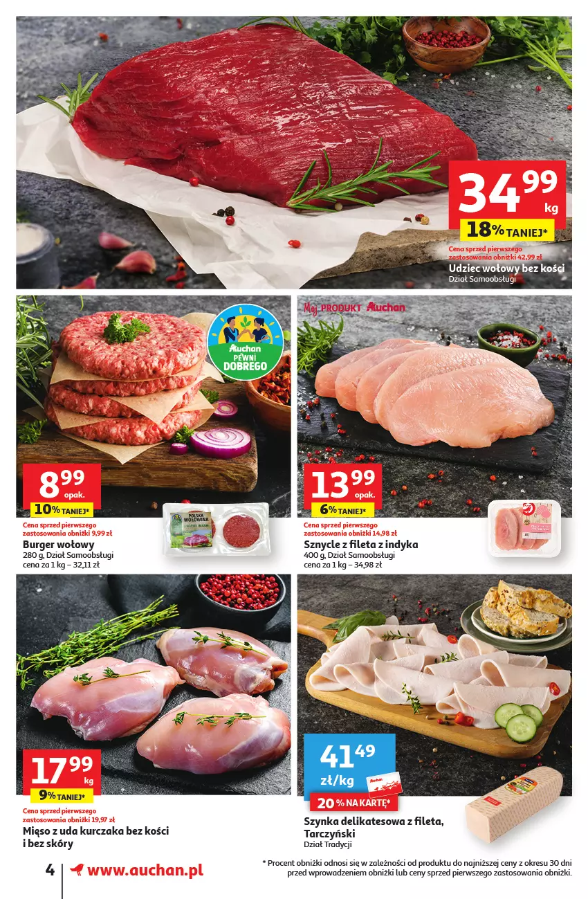 Gazetka promocyjna Auchan - Gazetka Oferta tygodnia Supermarket Auchan - ważna 07.09 do 13.09.2023 - strona 4 - produkty: Burger, Gra, Kurczak, Mięso, Mięso z uda kurczaka, Szynka, Szynka delikatesowa, Tarczyński