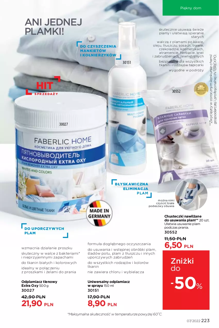 Gazetka promocyjna Faberlic - ważna 25.04 do 15.05.2022 - strona 223 - produkty: Chusteczki, Odplamiacz, Olej, Piec, Por, Sos