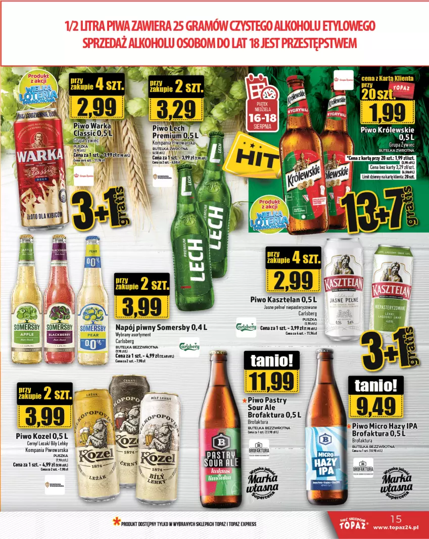 Gazetka promocyjna Topaz - Gazetka - ważna 15.08 do 21.08.2024 - strona 15 - produkty: Carlsberg, Fa, Kasztelan, Kozel, Królewski, Napój, Piwo, Pur, Top