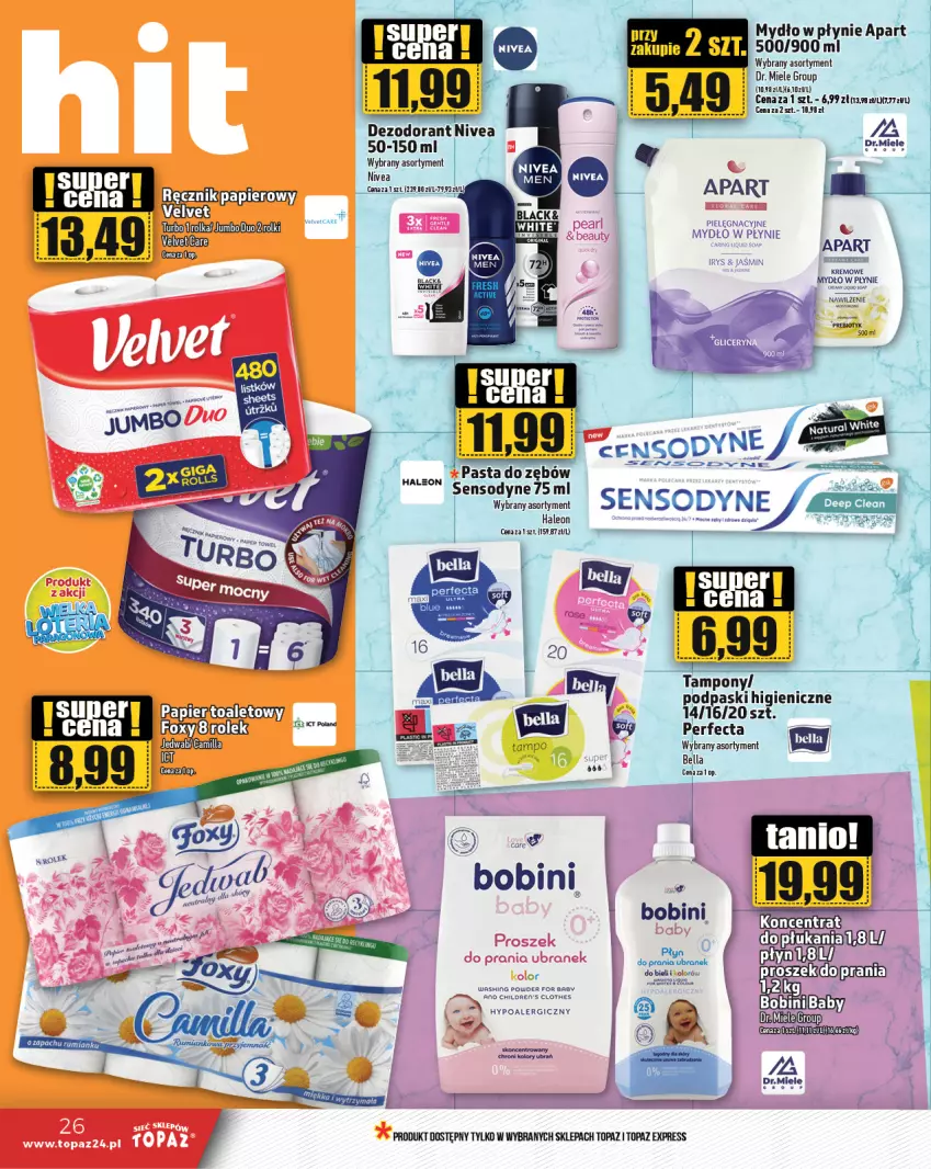 Gazetka promocyjna Topaz - Gazetka - ważna 15.08 do 21.08.2024 - strona 26 - produkty: Bell, Bella, Dezodorant, Gres, Leon, Mydło, Mydło w płynie, Nivea, Pasta do zębów, Perfecta, Podpaski, Sensodyne, Tampony, Top, Veet