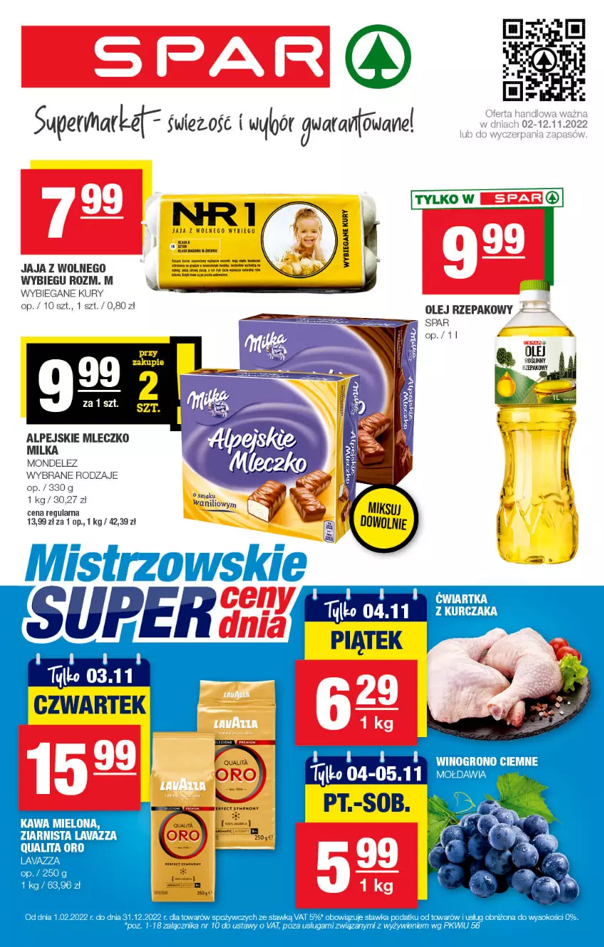 Gazetka promocyjna Spar - Spar - ważna 30.10 do 09.11.2022 - strona 1 - produkty: Jaja, Jaja z wolnego wybiegu, Lavazza, LG, Milka, Mleczko, Sok, Wino