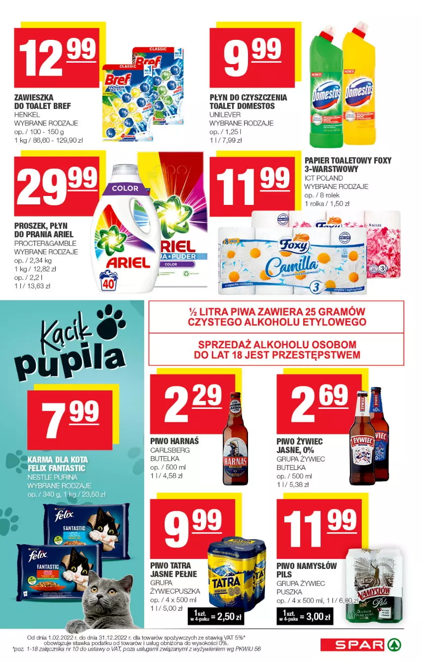 Gazetka promocyjna Spar - Spar - ważna 30.10 do 09.11.2022 - strona 11 - produkty: Ariel, Bref, Carlsberg, Domestos, Fa, Fanta, Felix, Foxy, Harnaś, Koc, Namysłów, Papier, Papier toaletowy, Piwo, Pur, Purina, Sok, Tatra