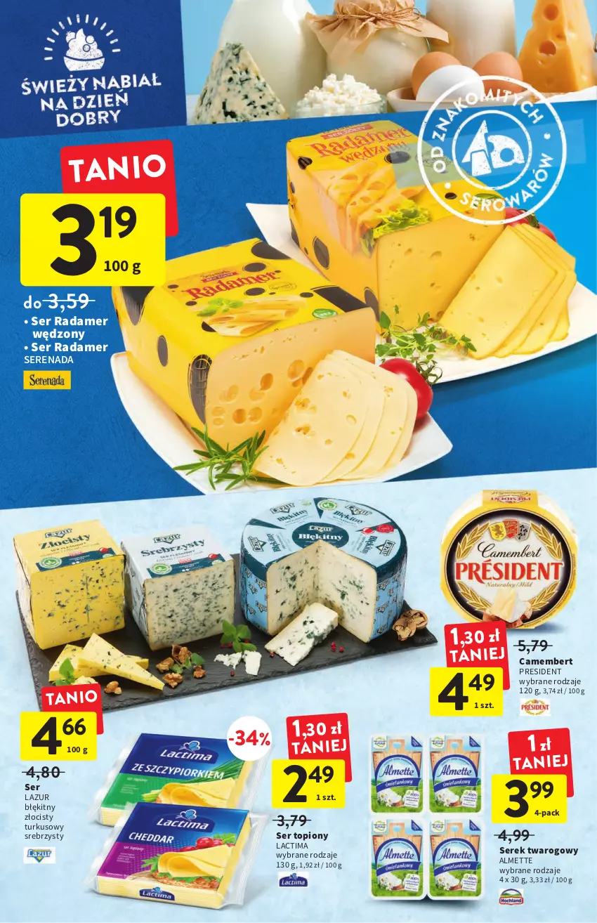 Gazetka promocyjna Intermarche - ważna 07.07 do 13.07.2022 - strona 20 - produkty: Almette, Camembert, Lazur, Radamer, Ser, Ser topiony, Serek, Serek twarogowy, Top