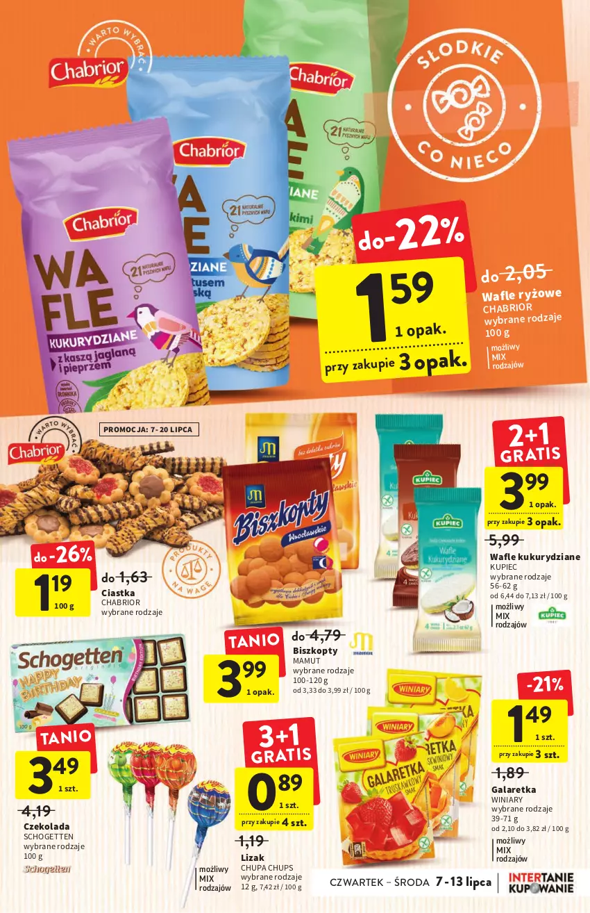 Gazetka promocyjna Intermarche - ważna 07.07 do 13.07.2022 - strona 25 - produkty: Biszkopty, Chabrior, Chupa Chups, Ciastka, Czekolada, Gala, Galaretka, Kupiec, Piec, Ryż, Schogetten, Wafle, Winiary