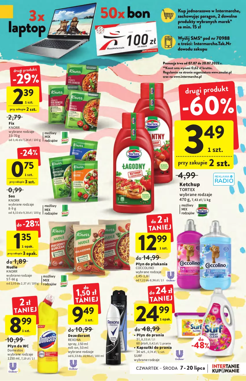 Gazetka promocyjna Intermarche - ważna 07.07 do 13.07.2022 - strona 29 - produkty: Coccolino, Dezodorant, Domestos, Kapsułki do prania, Ketchup, Knorr, Płyn do płukania, Płyn do prania, Płyn do wc, Rexona, Sos, Surf