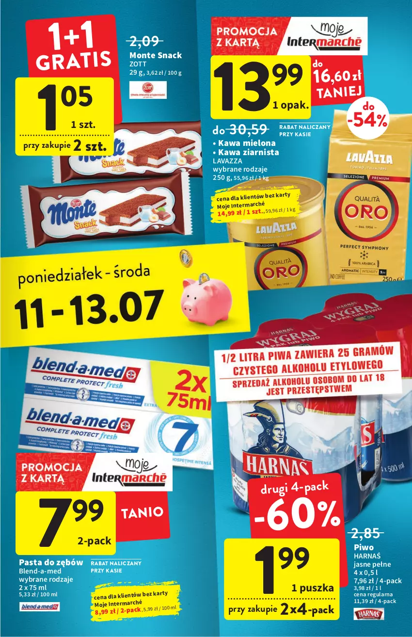 Gazetka promocyjna Intermarche - ważna 07.07 do 13.07.2022 - strona 39 - produkty: Blend-a-Med, Harnaś, Kawa, Kawa mielona, Kawa ziarnista, Lavazza, Monte, Pasta do zębów, Piwo, Zott