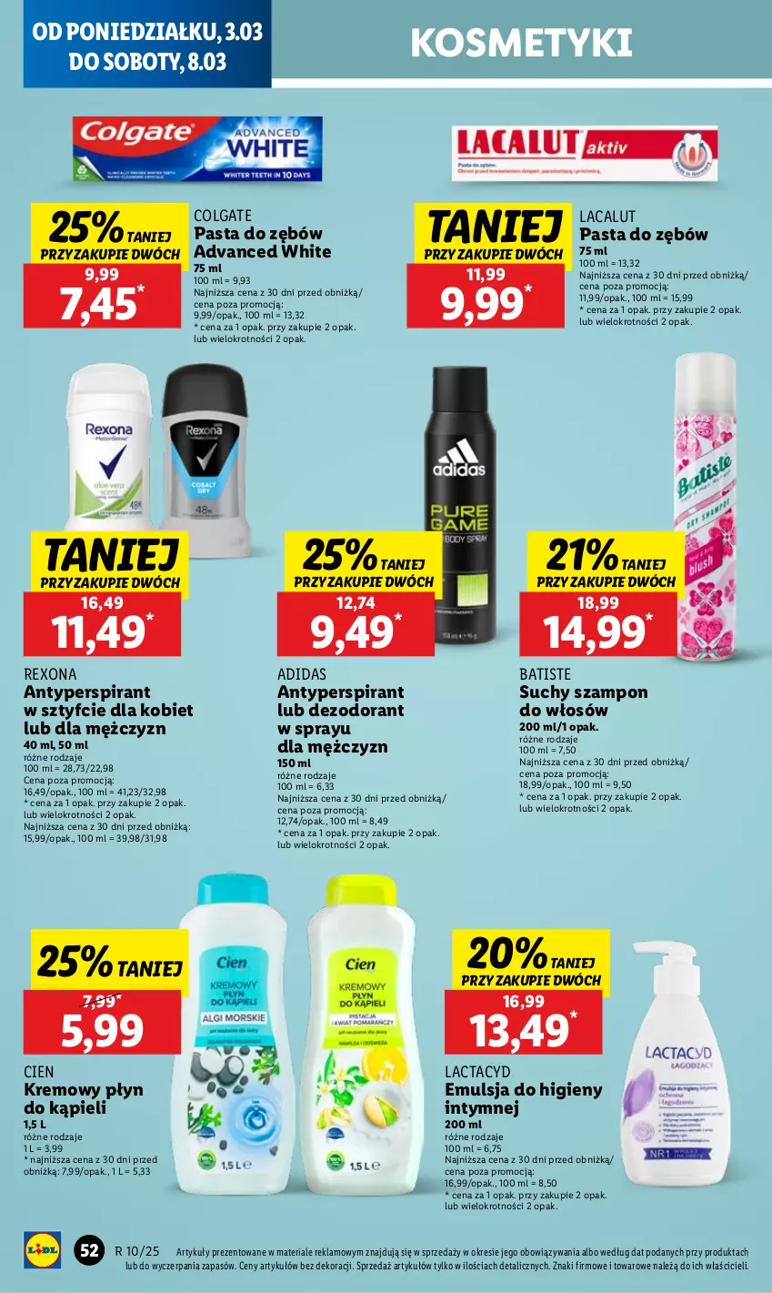 Gazetka promocyjna Lidl - GAZETKA - ważna 03.03 do 05.03.2025 - strona 62 - produkty: Adidas, Antyperspirant, Batiste, Colgate, Dezodorant, Emulsja, Lacalut, Lactacyd, LG, Pasta do zębów, Płyn do kąpieli, Rexona, Suchy szampon, Szampon