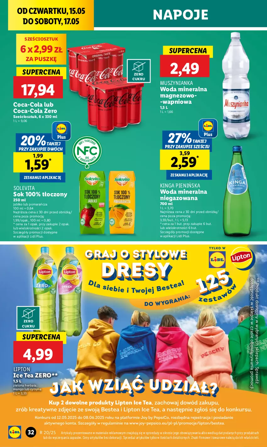 Gazetka promocyjna Lidl - GAZETKA - ważna 15.05 do 17.05.2025 - strona 38 - produkty: Coca-Cola, Herbata, Ice tea, Lipton, Magnez, Mango, Mus, Muszynianka, Napoje, Sok, Woda, Woda mineralna