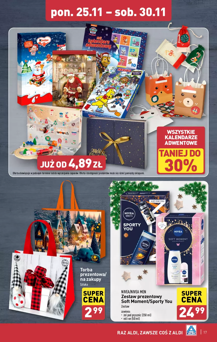 Gazetka promocyjna Aldi - Pełna oferta - ważna 25.11 do 30.11.2024 - strona 17 - produkty: Kalendarz, Nivea, Nivea Men, Por, Sport, Torba, Torba prezentowa, Zestaw prezentowy