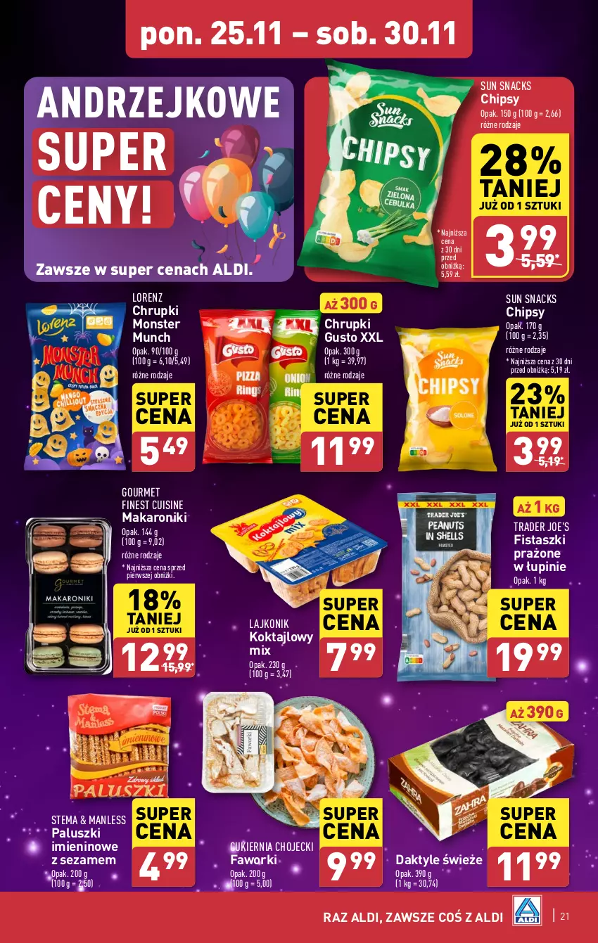 Gazetka promocyjna Aldi - Pełna oferta - ważna 25.11 do 30.11.2024 - strona 21 - produkty: Chipsy, Chrupki, Cukier, Daktyle, Fa, Faworki, Lajkonik, Lorenz, Makaron, Monster Munch, Sezam