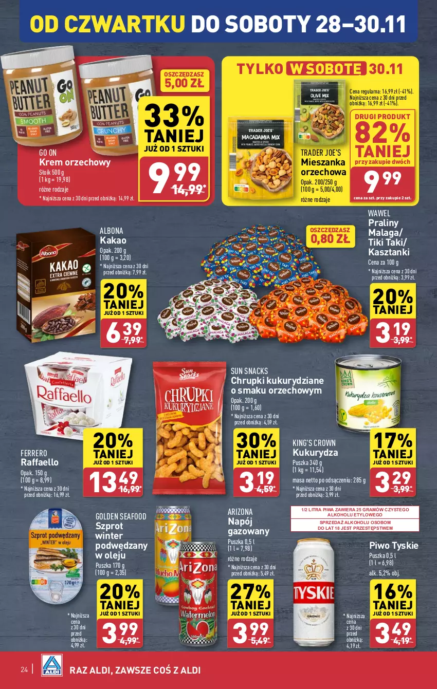 Gazetka promocyjna Aldi - Pełna oferta - ważna 25.11 do 30.11.2024 - strona 24 - produkty: Albona, Chrupki, Fa, Ferrero, Golden Seafood, Gra, Kakao, Krem orzechowy, Kukurydza, Mieszanka orzechowa, Napój, Napój gazowany, Olej, Piwa, Piwo, Praliny, Raffaello, Szprot, Tyskie, Wawel