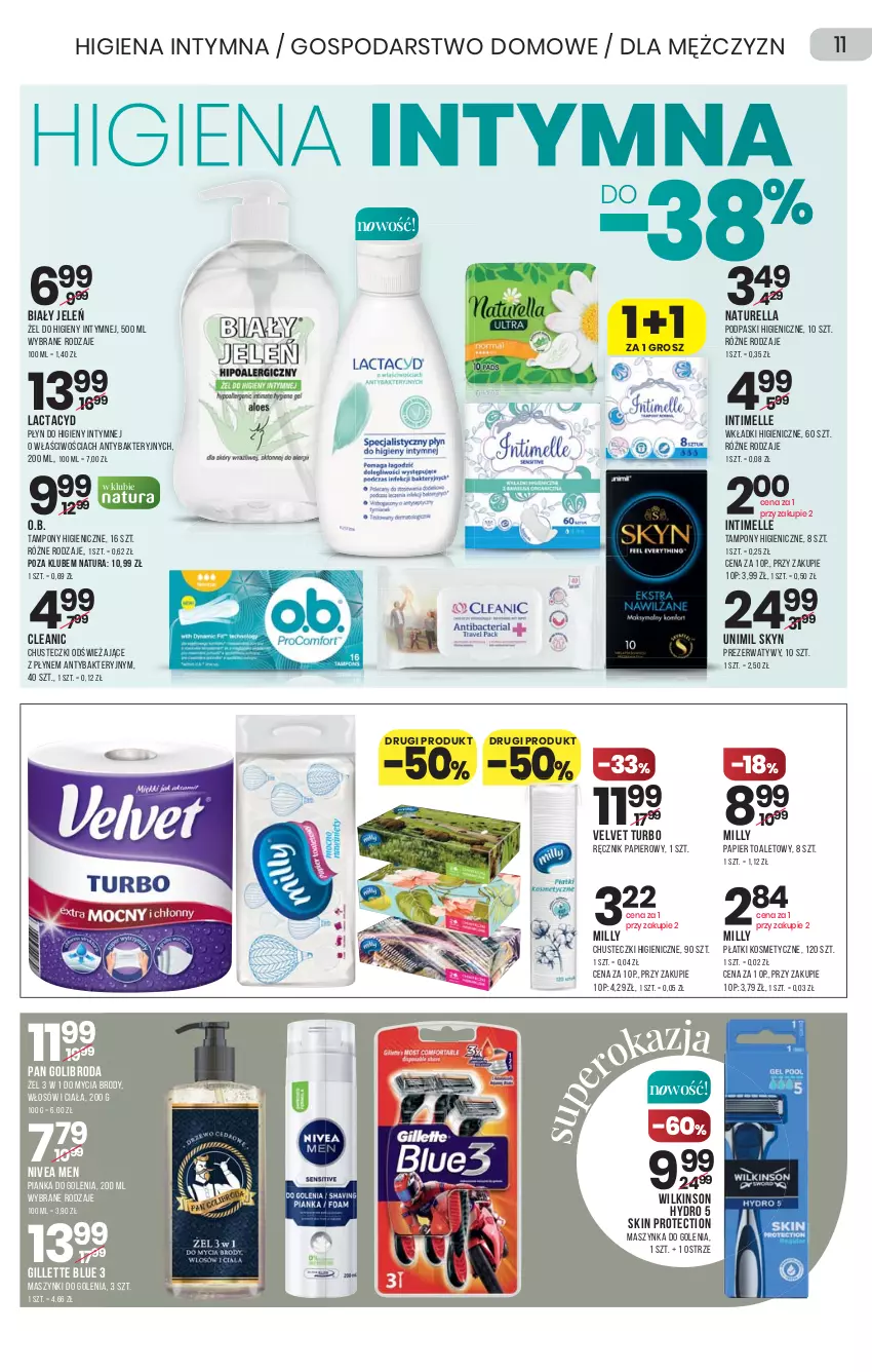 Gazetka promocyjna Drogerie Natura - Gazetka Drogerie Natura - ważna 08.04 do 21.04.2021 - strona 11 - produkty: Biały Jeleń, Chusteczki, Cleanic, Gillette, Lactacyd, Maszynka, Maszynka do golenia, Naturell, Naturella, Nivea, Nivea Men, O.B., Papier, Papier toaletowy, Pianka do golenia, Płatki kosmetyczne, Płyn do higieny intymnej, Podpaski, Prezerwatyw, Ręcznik, Skyn, Szynka, Tampony, Unimil, Velvet, Wkładki