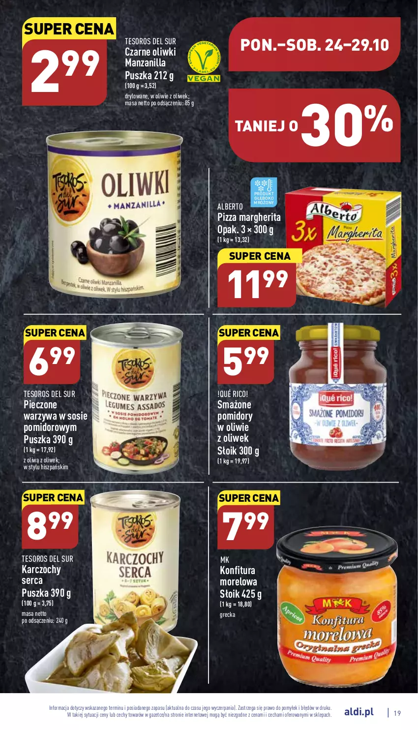 Gazetka promocyjna Aldi - Pełny katalog - ważna 24.10 do 29.10.2022 - strona 19 - produkty: Karczochy, Konfitura, Oliwki, Piec, Pizza, Pizza margherita, Pomidory, Ser, Sos, Warzywa