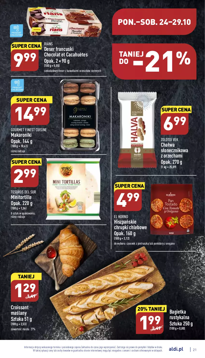 Gazetka promocyjna Aldi - Pełny katalog - ważna 24.10 do 29.10.2022 - strona 21 - produkty: Bagietka, Chałwa, Chleb, Chrupki, Chrupki chlebowe, Croissant, Czosnek, Deser, Kawa, Makaron, Pomidory, Rust, Ser