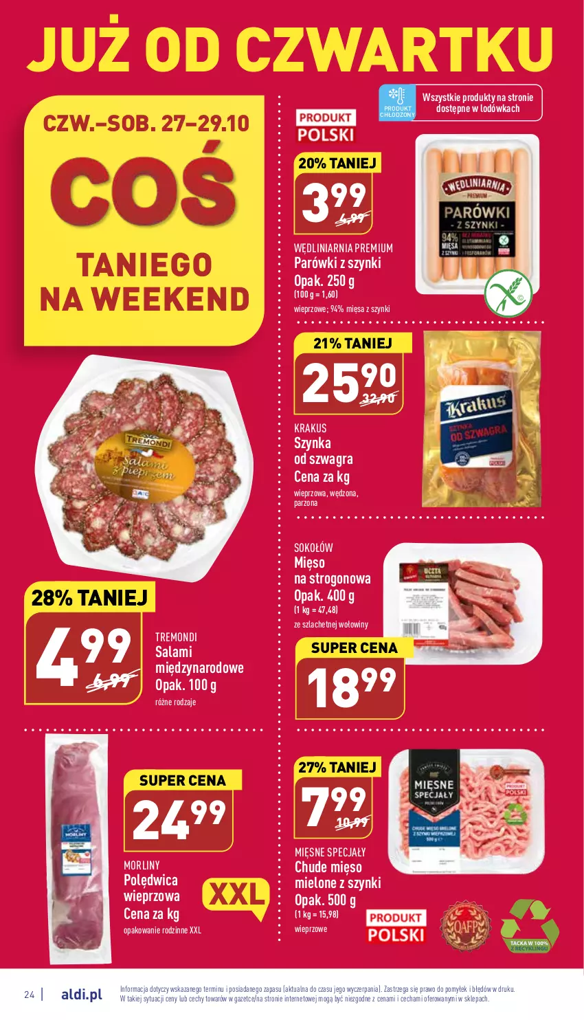 Gazetka promocyjna Aldi - Pełny katalog - ważna 24.10 do 29.10.2022 - strona 24 - produkty: Gra, Krakus, Lodówka, Mięsne specjały, Mięso, Mięso mielone, Mięso mielone z szynki, Morliny, Parówki, Parówki z szynki, Polędwica, Salami, Sok, Sokołów, Szynka