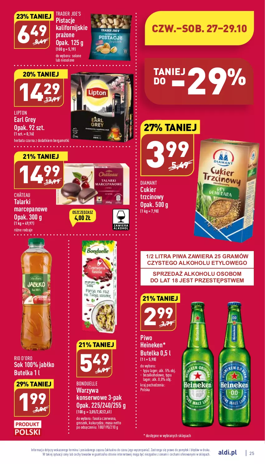 Gazetka promocyjna Aldi - Pełny katalog - ważna 24.10 do 29.10.2022 - strona 25 - produkty: Bonduelle, Cukier, Cukier trzcinowy, Diamant, Earl Grey, Fa, Fasola, Gra, Groszek, Heineken, Herbata, Herbata czarna, Kukurydza, Lipton, Pistacje, Piwa, Piwo, Ser, Sok, Warzywa, Warzywa konserwowe