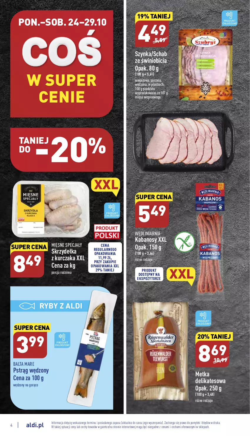 Gazetka promocyjna Aldi - Pełny katalog - ważna 24.10 do 29.10.2022 - strona 4 - produkty: Balta Mare, BIC, Kabanos, Kurczak, Mięsne specjały, Por, Pstrąg, Pstrąg wędzony, Skrzydełka z kurczaka, Szynka