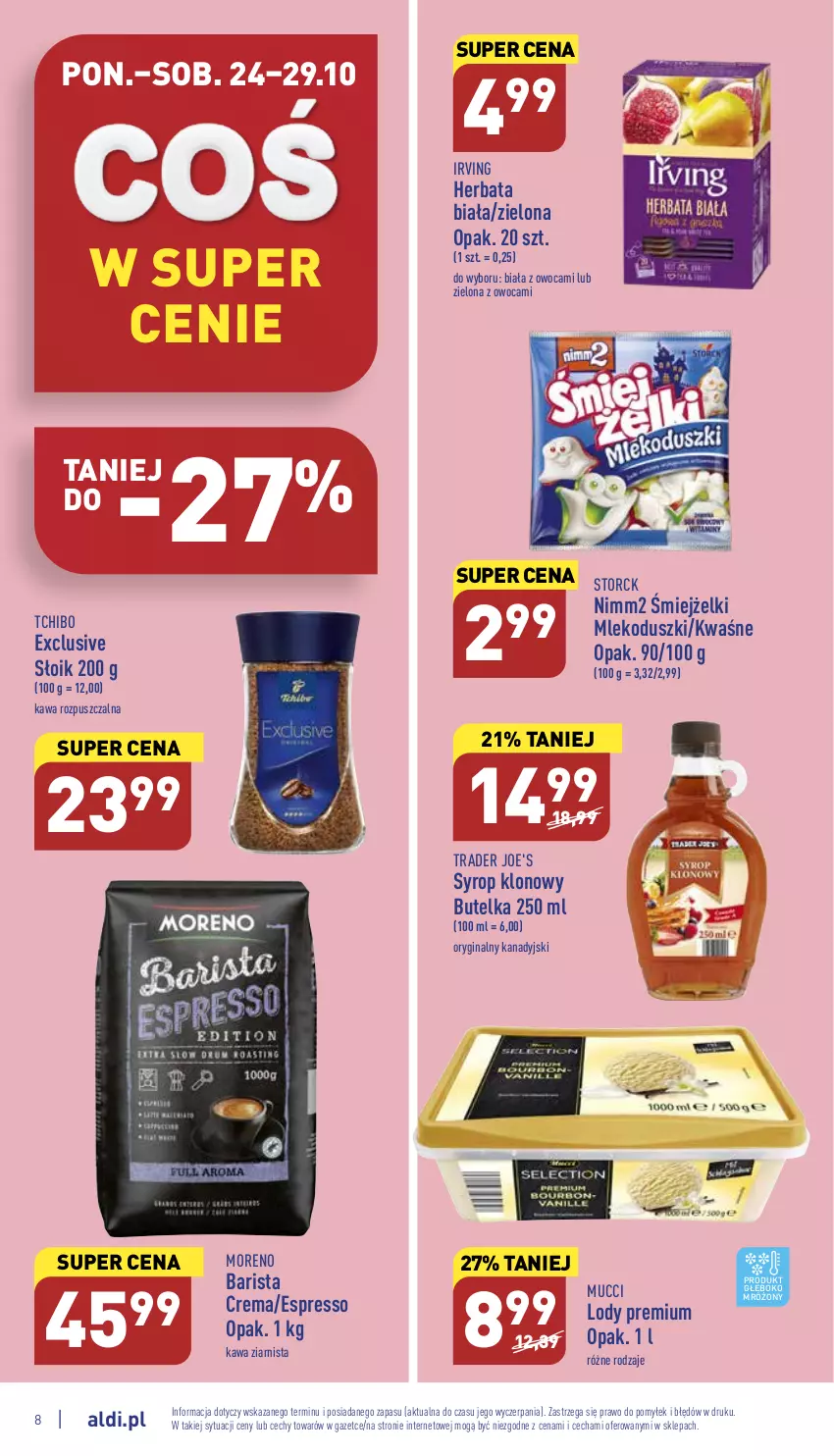 Gazetka promocyjna Aldi - Pełny katalog - ważna 24.10 do 29.10.2022 - strona 8 - produkty: Gin, Herbata, Irving, Kawa, Kawa rozpuszczalna, Kawa ziarnista, Lody, Mleko, Nimm2, Syrop, Tchibo